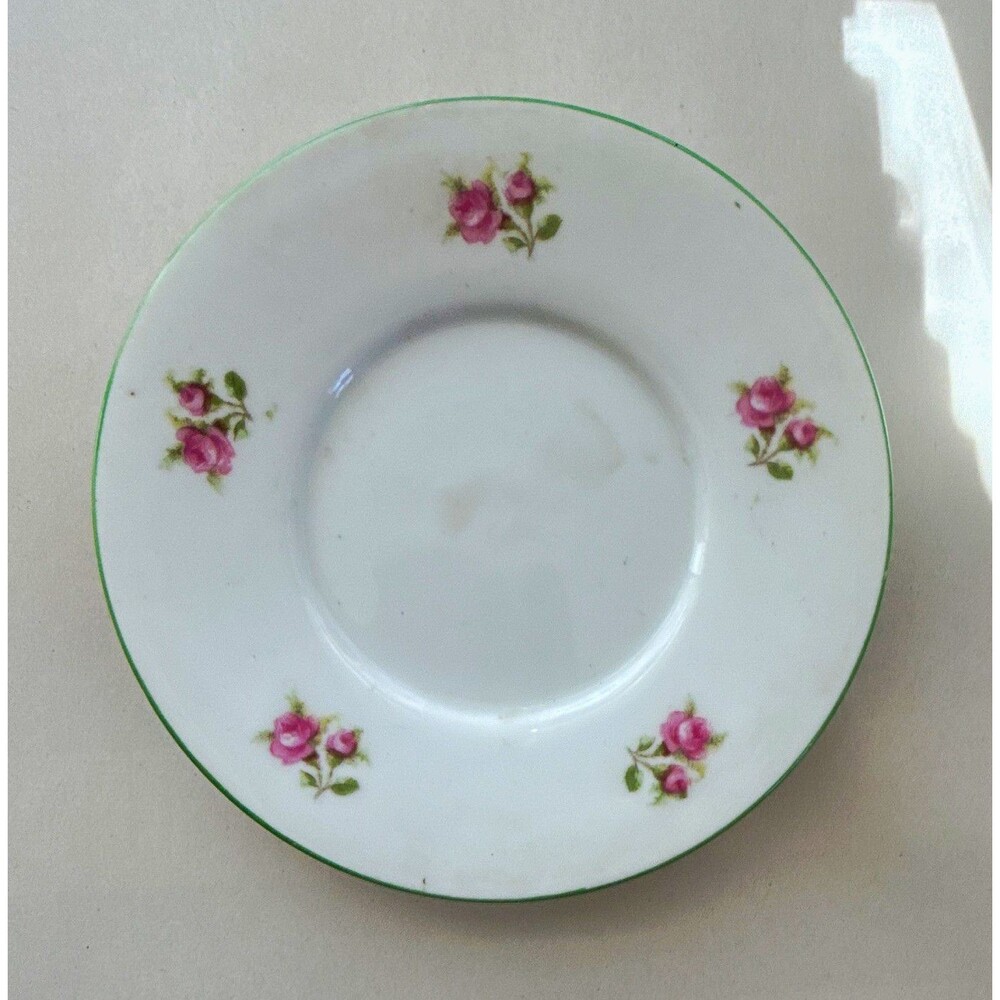 Rare Porcelain Saucer White Pink Rose Floral Pattern Green Rim Glossy